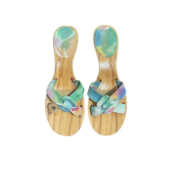 Studio Delman Handcrafted in Spain Suede Slides Sandals Tie Dye Wood Heel Size 9 - Picture 5 of 11